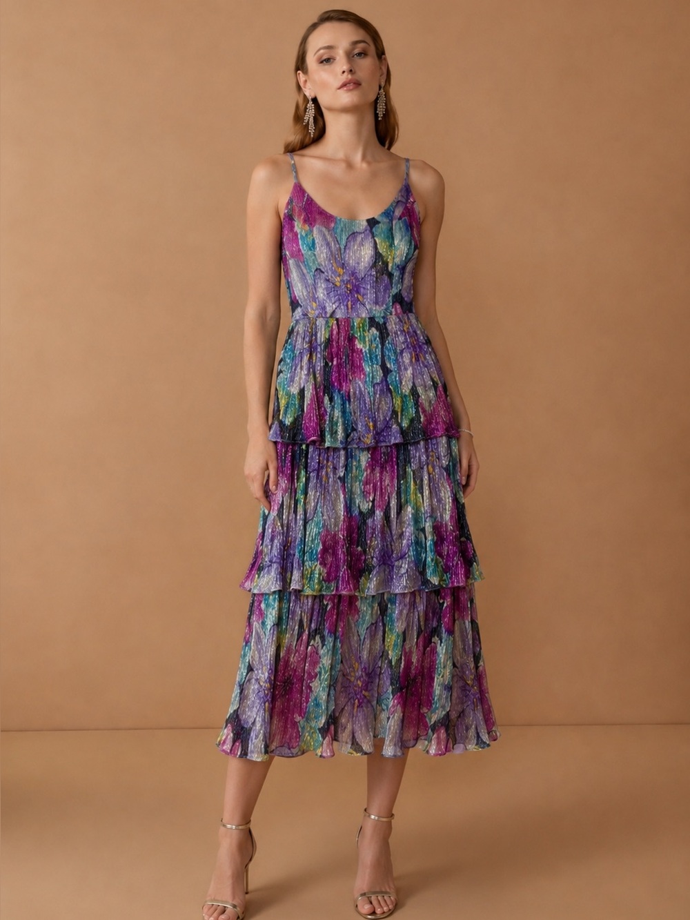 Dress The Population Floral Metallic Tiered Shimmer Midi Dress New Sample XS